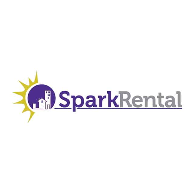 Logo of sparkrental featuring a graphic of a sun, cityscape, and key, representing rental and property management services.