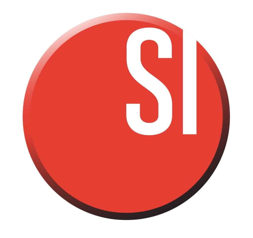 Red circular graphic with the white letters "si" prominently displayed in the center.