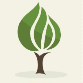 Iconic illustration of a tree with stylized green leaves, representing growth, nature, or environmental care.