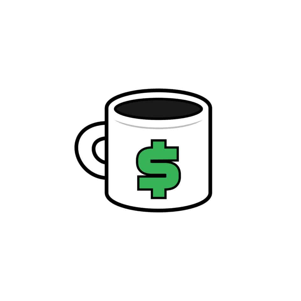 A white coffee mug with a green dollar sign symbol on it, suggesting a theme of financial success or profit, possibly relating to the idea of "waking up to wealth" or enjoying a "rich" cup of coffee.