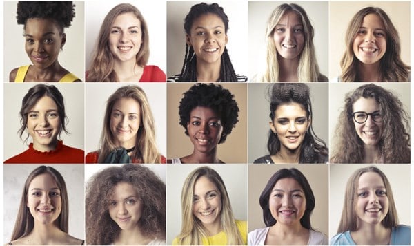 A diverse collage of smiling women showcasing a variety of hairstyles, ethnic backgrounds, and expressions.