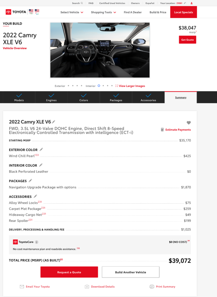 A screenshot of a car configurator website page for the 2022 toyota camry xle v6 displaying options selected, the vehicle's price summary, and various customization choices like exterior color, interior color, and additional packages.