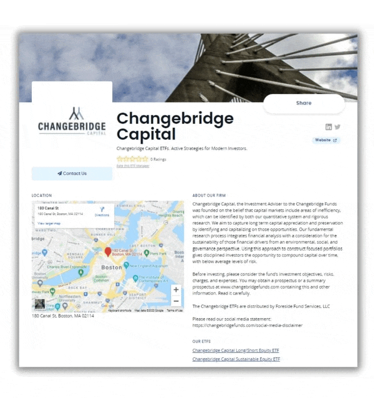 A web page of "changebridge capital, active strategies for modern investors," featuring company information, a location map, and links to social media.