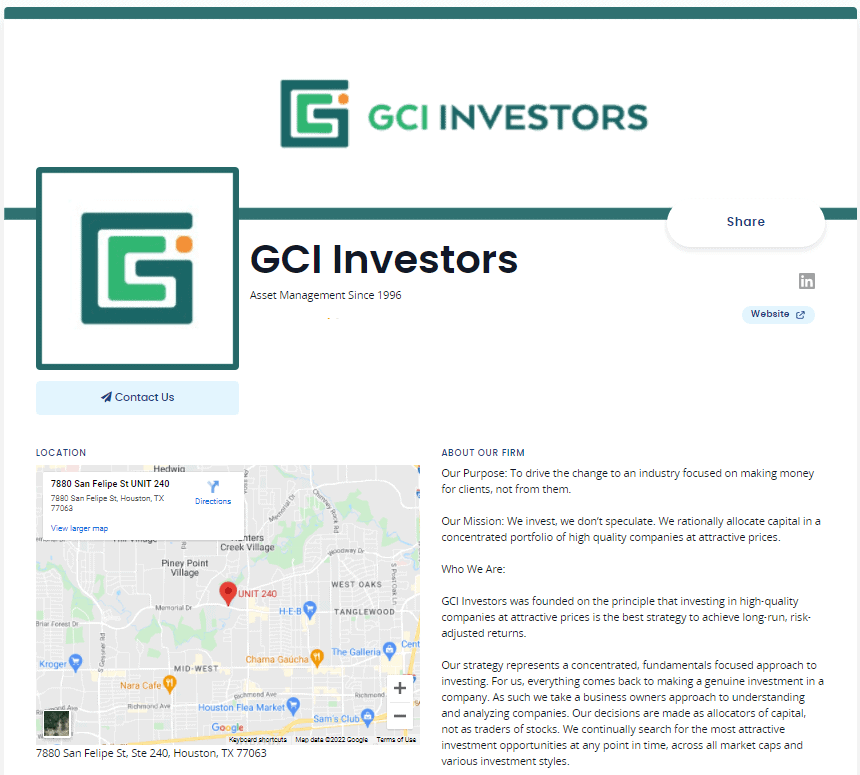 A screenshot of a webpage for "gci investors," with the company logo prominently displayed and a brief description of the firm's mission and investment approach. the page also includes contact information and a location map indicating their houston office.