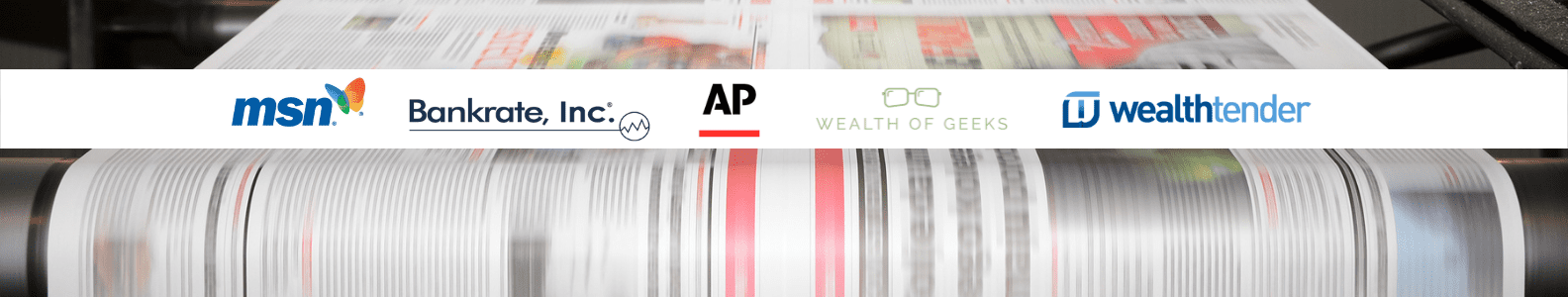 A fresh edition of the news: printed media rolling off the press, featuring logos of prominent news and financial organizations like msn, bankrate, inc., ap (associated press), and wealth of geeks.