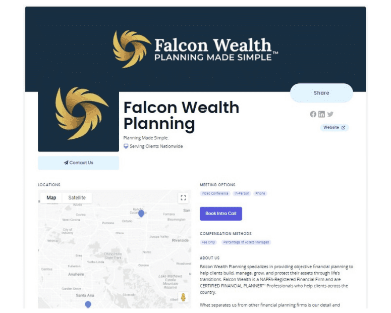 Screenshot of "falcon wealth planning" website homepage showcasing a clean, professional design with a blue and gold color scheme, featuring their logo, navigation links, a map for locations, and brief overview text, emphasizing the simplicity and national reach of their financial planning services.