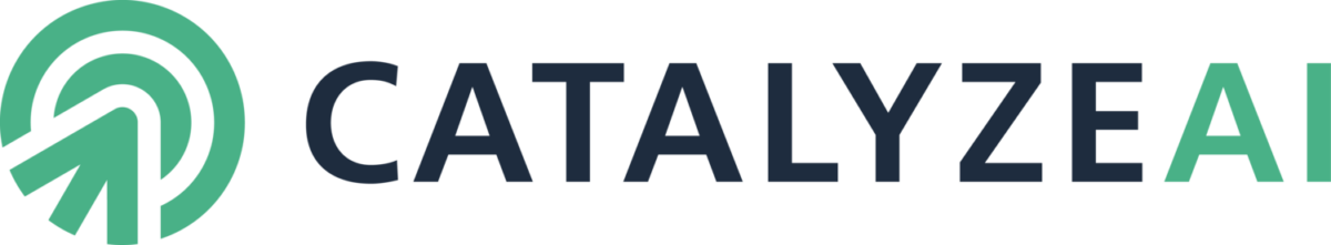 The image displays the logo of "catalyzeai," featuring stylized text and an icon that appears to be an abstract representation of a tree or leaf, potentially signifying growth, renewal, or natural processes, which aligns with the theme of catalysis or acceleration in the context of ai (artificial intelligence). the color scheme is a gradient of teal shades, suggesting a modern and tech-oriented brand identity.