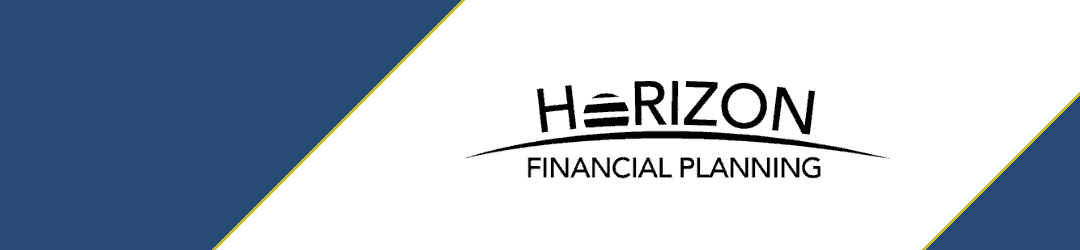 Corporate financial planning company logo with a stylized design, integrating the concept of a horizon into the typography, set against a blue background.