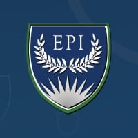 An emblem with a navy blue background featuring a shield with a white and green border, enclosing the word "epi" in large letters at the top center. the shield is adorned with a pair of white laurel branches surrounding a white geometric pattern at the bottom resembling a simplified depiction of a sun or a starburst.