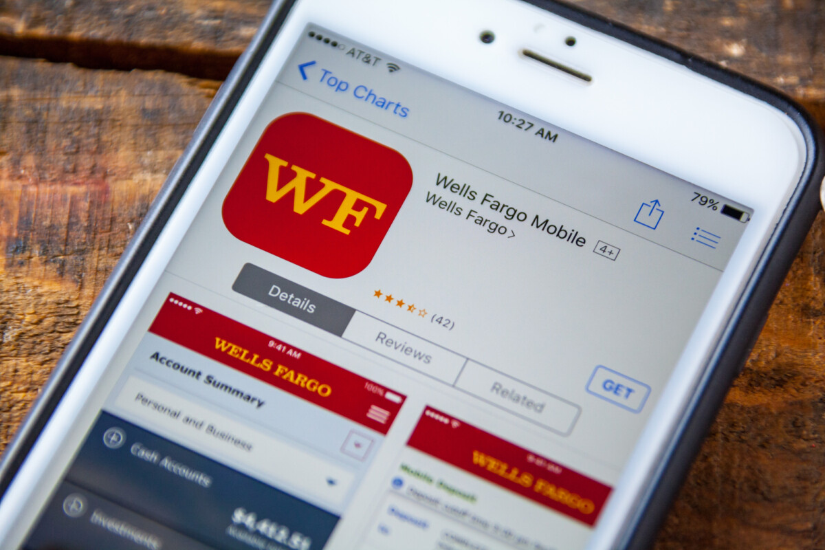 A smartphone screen displaying the wells fargo mobile banking app on the apple app store, ready for download.