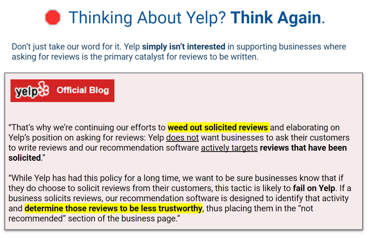 An informational image highlighting yelp's policy on solicited reviews, emphasizing the importance of authenticity in user feedback and the impact of soliciting reviews on business page recommendations.