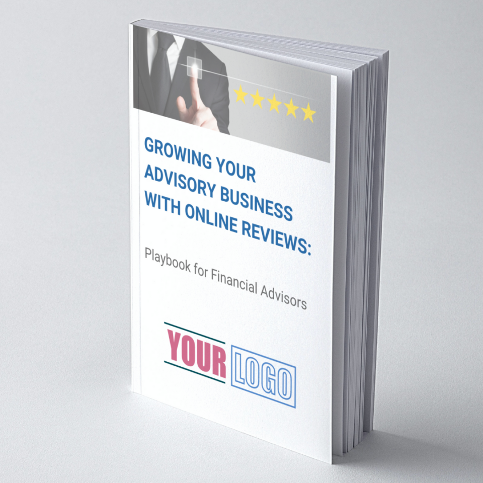 A business playbook titled "growing your advisory business with online reviews" featuring a five-star rating and a placeholder for a custom logo.