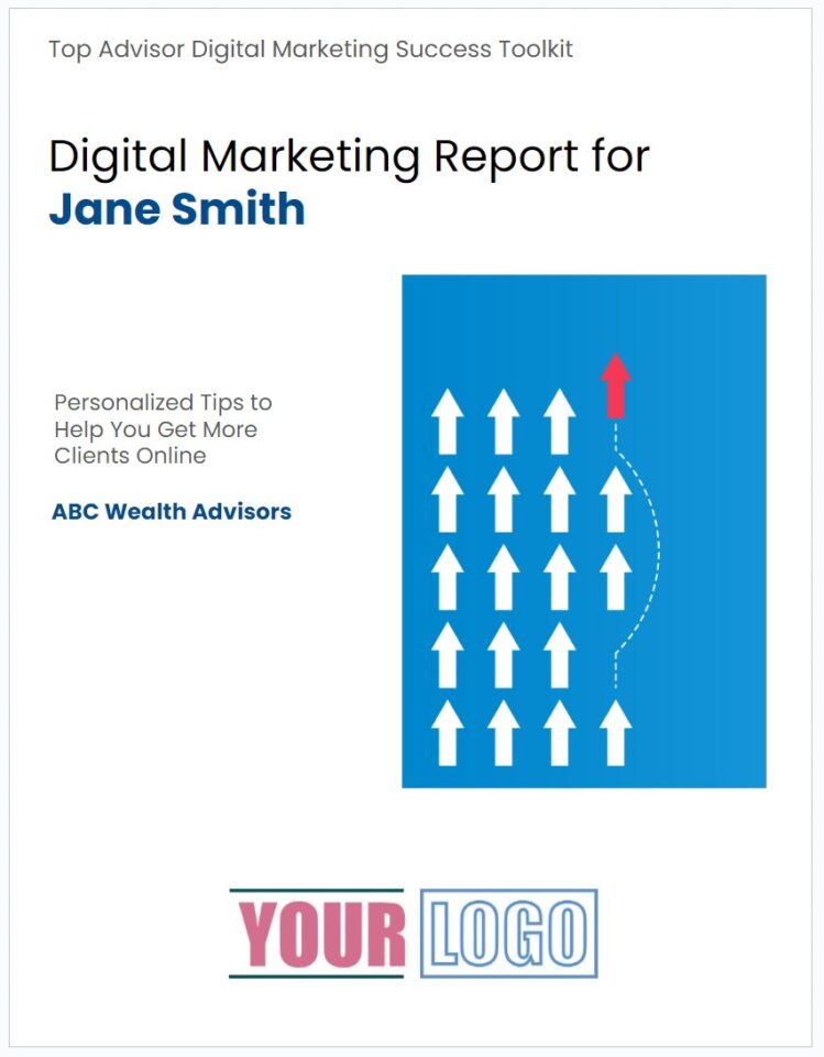Digital marketing report cover page with a graphic representing growth or progress, personalized for jane smith from abc wealth advisors, with a placeholder for a company logo.
