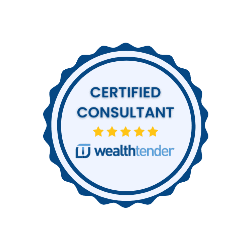 A digital badge with a navy blue and white color scheme indicating "certified consultant" with a five-star rating, associated with the brand "wealthtender.