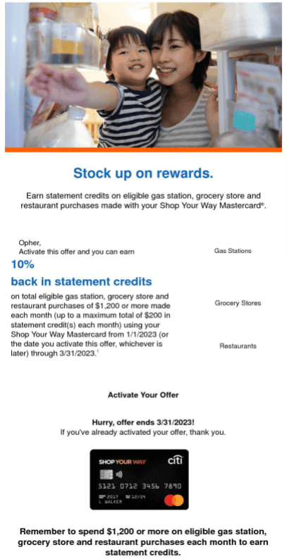 A promotional banner for a credit card rewards program featuring two smiling individuals, with details on earning extra cash back on purchases made at gas stations, grocery stores, and restaurants, and an urgent call-to-action to activate the offer before it expires.