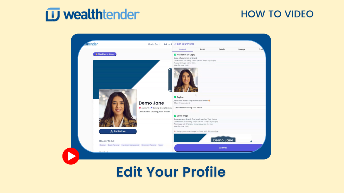 An instructional screenshot from wealthtender showing the "edit your profile" page with a user named "demo jane" editing her profile information.