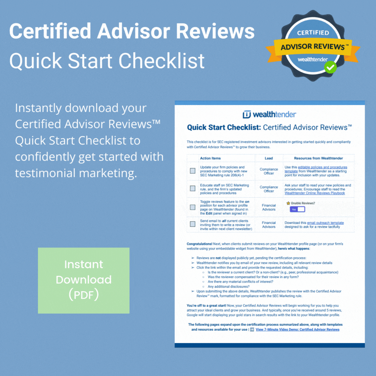 Download your free certified advisor reviews quick start checklist" - a promotional graphic presenting an offer to instantly download a checklist for advisor review marketing with a preview of the checklist contents.