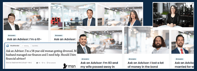 The image shows a series of online articles with an "ask an advisor" theme, featuring different individuals seeking financial advice for various personal circumstances. there is a collage of images with advisors and clients, accompanied by snippets of their questions, such as dealing with a divorce, the loss of a spouse, financial loss, and questions about marriage and money. the design suggests these are accessible financial advice columns or articles featured on a website, aimed at providing personalized answers to readers' financial inquiries.