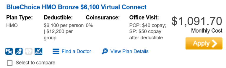 An overview of a health insurance plan called "bluechoice hmo bronze $6,100 virtual connect," showing details like the plan type (hmo), deductible ($6,100 per person, 0% coinsurance), office visit costs ($40 for pcp, $50 specialist copay after deductible), and the monthly cost of $1,091.70, along with action buttons to apply, find a doctor, view plan details, and an option to select the plan to compare with others.