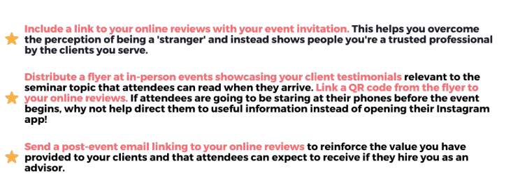 Text graphic providing tips for integrating online reviews in event invitations. Tips include: including a link to online reviews in invitations, distributing flyers with client testimonials and a QR code linking to online reviews, and sending a post-event email linking to online reviews.