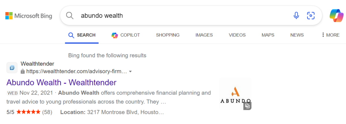 A Bing search results page for "Abundo Wealth". The top result is from Wealthtender, featuring Abundo Wealth - Wealthtender with a five-star rating from 58 reviews. The result includes a location at 3217 Montrose Blvd, Houston and was posted on November 22, 2021.