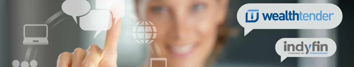 A person interacts with a transparent touchscreen displaying various icons including a laptop, phone, tablet, and a globe. The logos for "wealthtender" and "indyfin" appear in speech bubbles on the right side of the image.