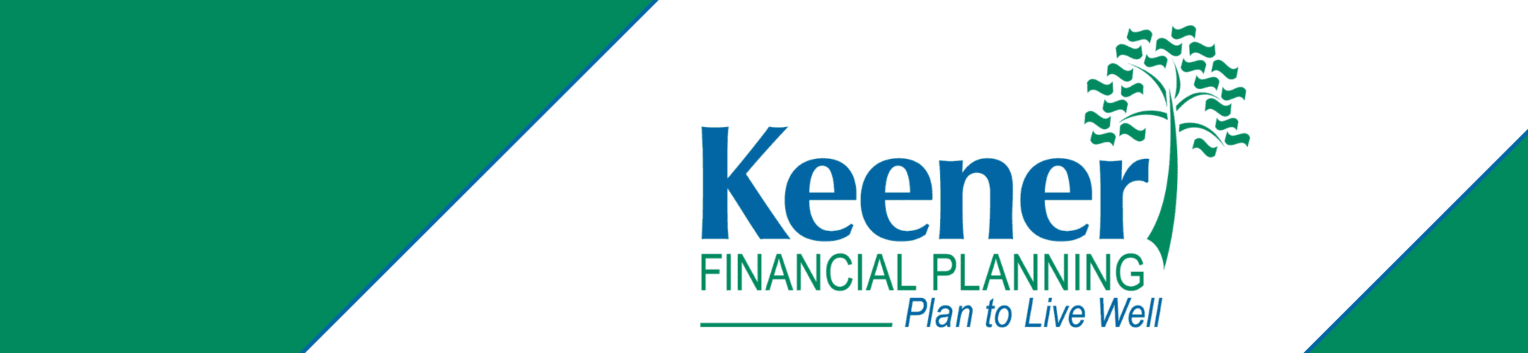 A logo for Keener Financial Planning featuring text in blue and green on a white and green background. To the right, there is an illustration of a green tree integrated with a necktie. The tagline 