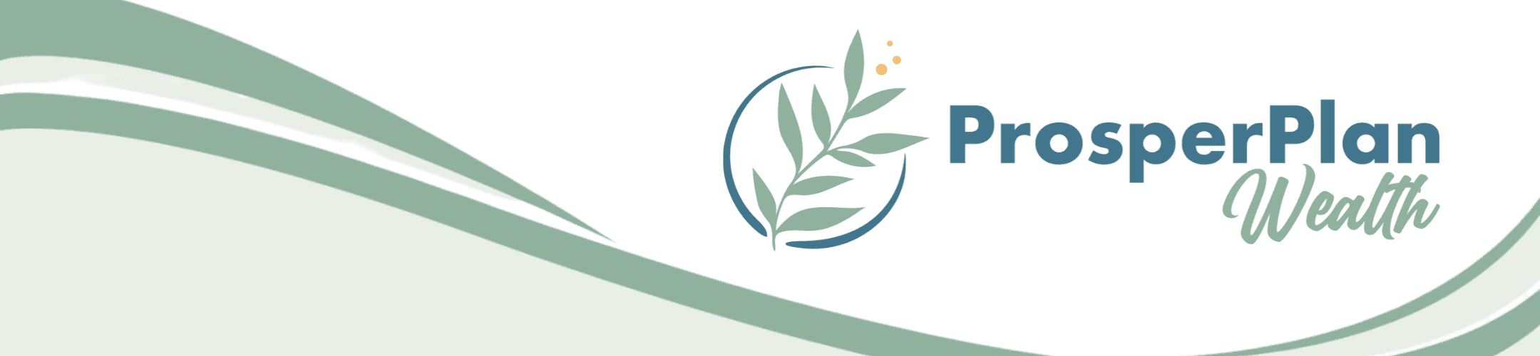 A logo for ProsperPlan Wealth featuring a stylized green plant inside a circle, with the company name in blue and green text, set against a background of flowing green and white curves.