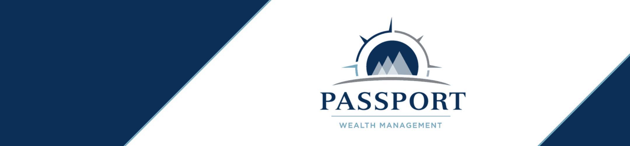 A logo for Passport Wealth Management. It features stylized mountains within a compass design. The background has diagonal blue and white sections.