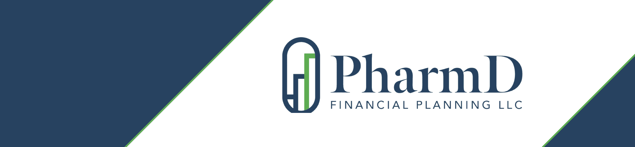 Logo of PharmD Financial Planning LLC with a stylized pill design next to the company name. The background features diagonal navy and white stripes with green accents.