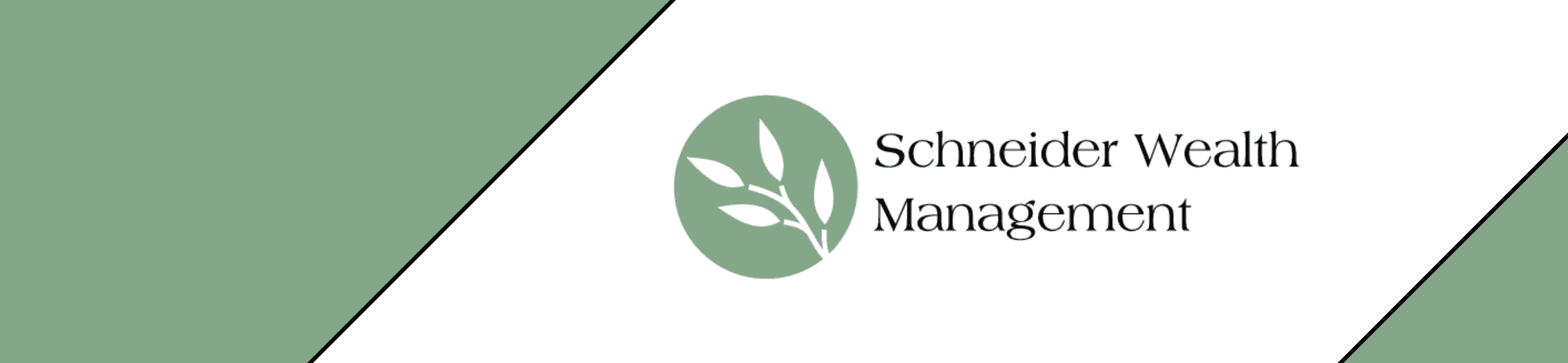 Logo for Schneider Wealth Management. A green circle with a white branch and leaves, placed next to the company name in black text, on a white background with green diagonal borders.