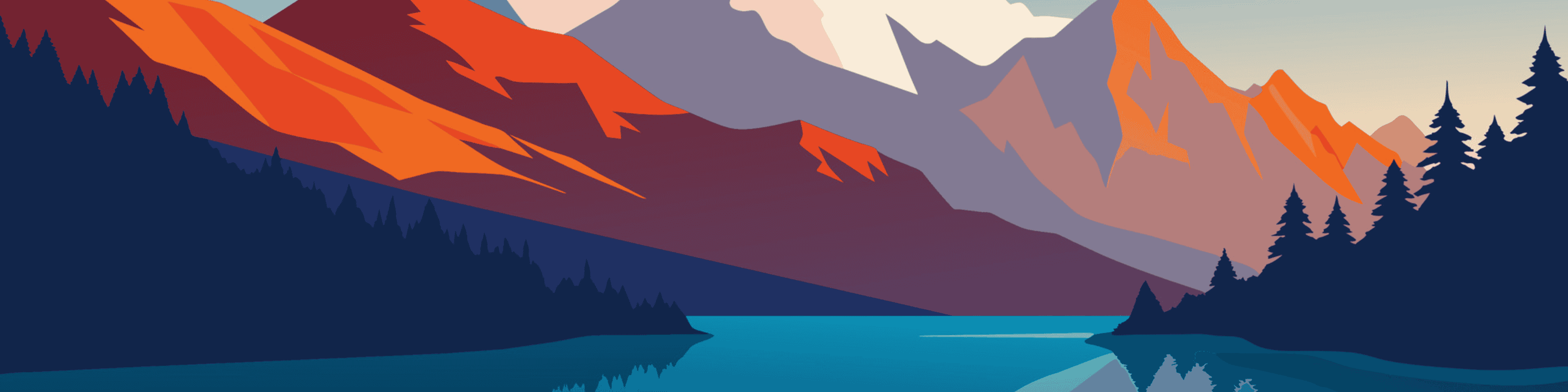 A stylized illustration of a mountain range with orange and purple peaks, pine trees in the foreground, and a calm blue lake reflecting the landscape under a clear sky.