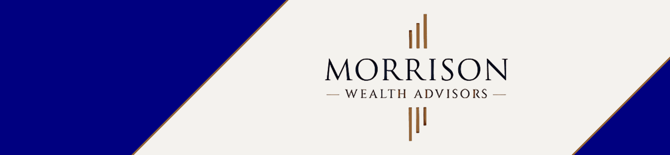 Logo for Morrison Wealth Advisors, featuring the company name in dark text on a white background with gold vertical lines above and below, bordered by diagonal blue sections on both sides.