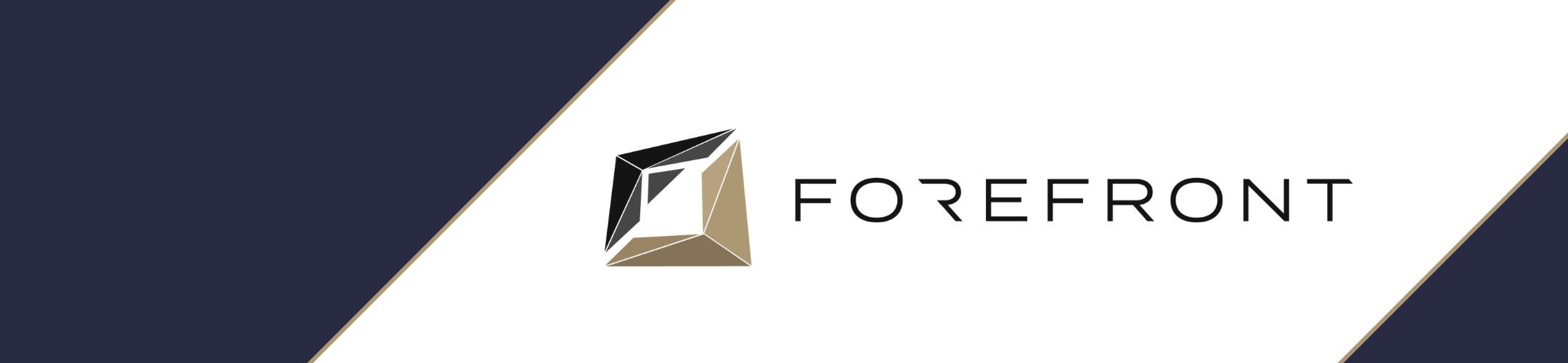 Forefront logo with a geometric, three-dimensional cube design in black, white, and gold, next to the word 