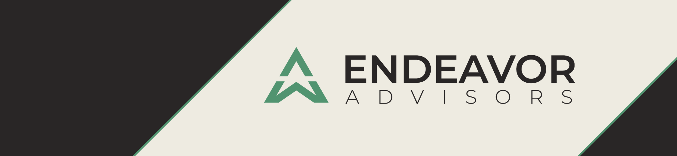 Logo for Endeavor Advisors featuring a stylized green “A” and the company name in black text on a diagonal, modern background with cream, black, and green accents.