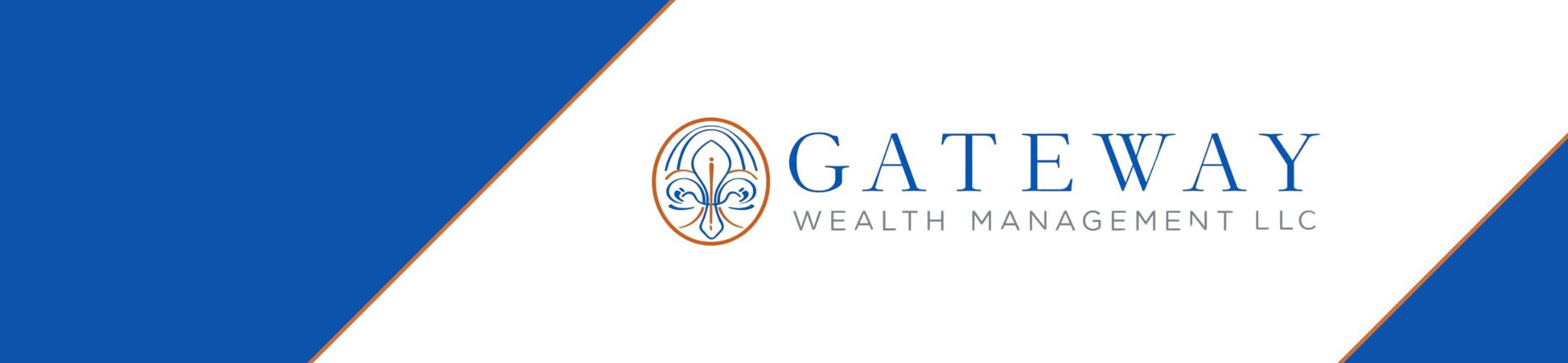 Gateway Wealth Management LLC logo with a blue fleur-de-lis inside an orange oval, centered on a white background with diagonal blue borders on the top left and bottom right.