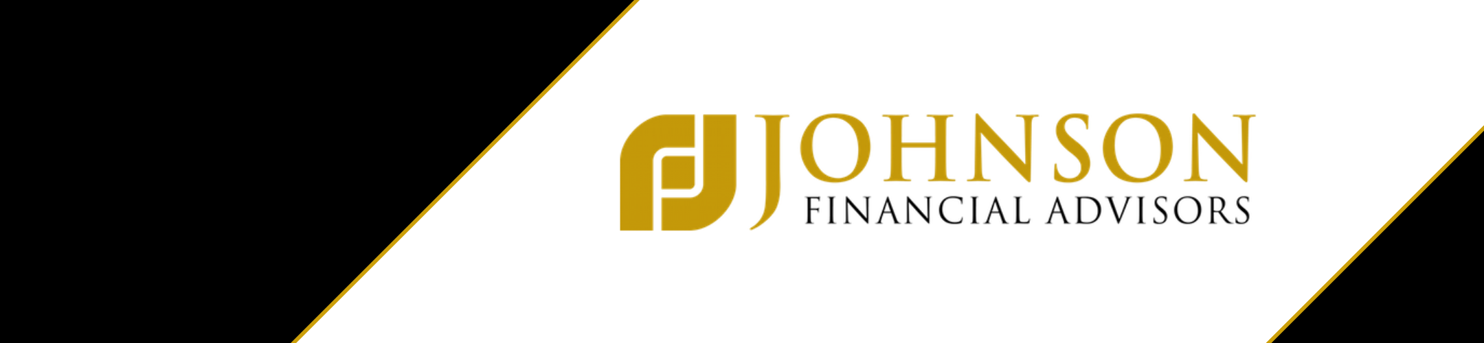 Logo for Johnson Financial Advisors with gold and black geometric shapes on a white background. The left features a gold monogram, and the right displays the company name in gold and black text.