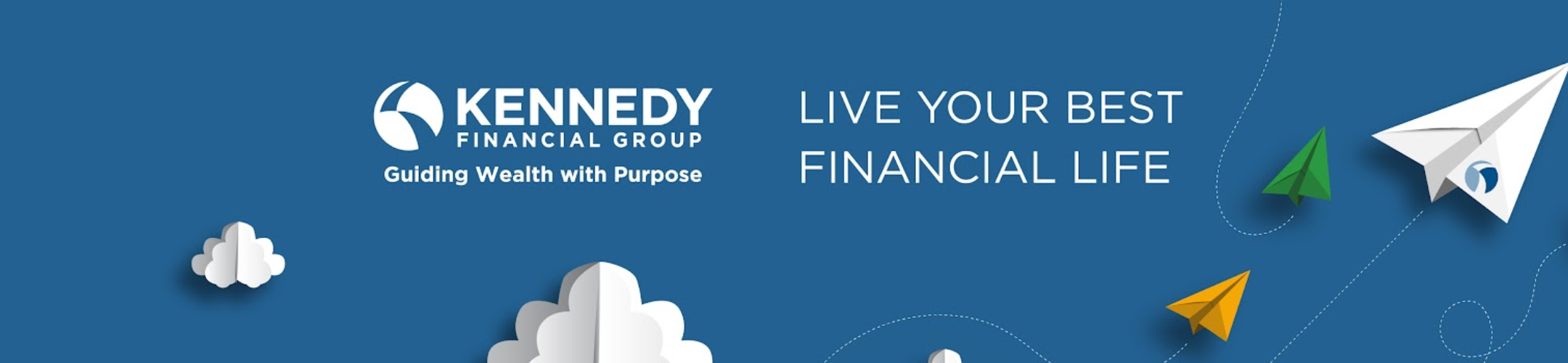 Blue banner with Kennedy Financial Group logo, slogan 