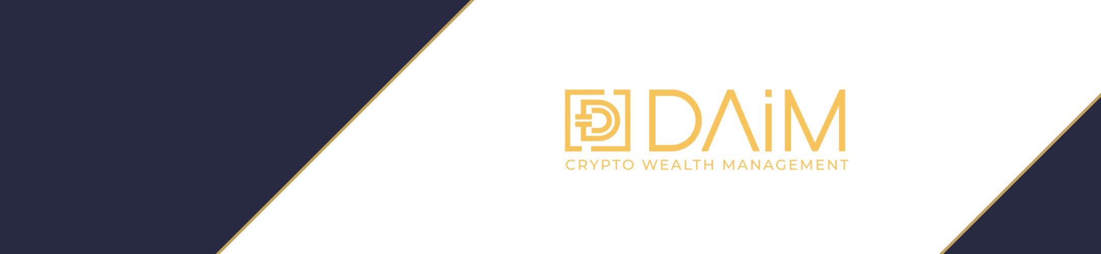 A diagonal split design with dark blue and white sections. The center features the gold DAIM logo and text reading 