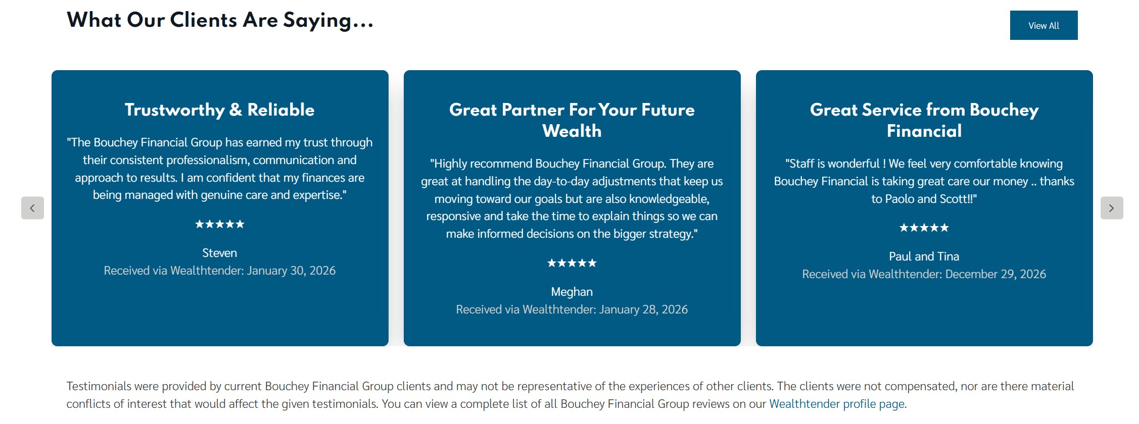 Three client testimonials for Bouchey Financial Group are displayed, each in a blue box, highlighting trustworthiness, expert guidance, and great service, with client names and Weatherbiter dates shown at the bottom.