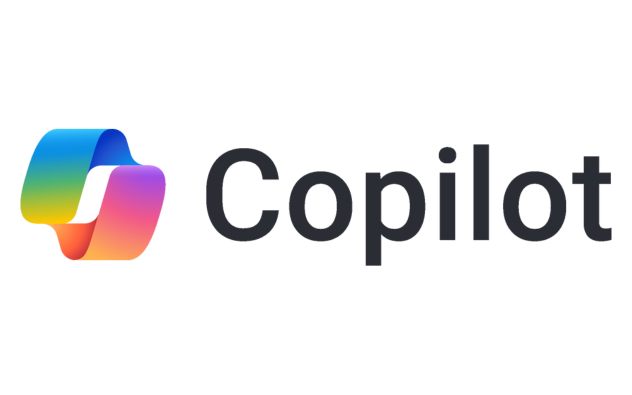 The Copilot logo, featuring a colorful ribbon-like icon with blue, green, yellow, and pink gradients, next to the word "Copilot" in bold black letters on a white background.