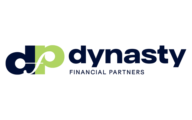 Logo with stylized lowercase letters "dfp" in blue and green on the left, and the words "dynasty FINANCIAL PARTNERS" in bold blue text on the right, on a light background.