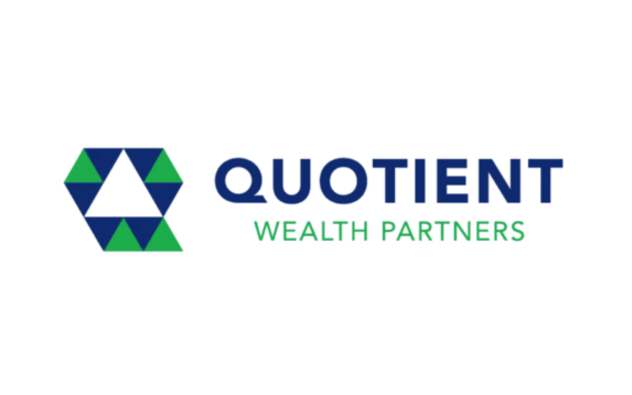 Logo for Quotient Wealth Partners featuring a geometric hexagon design with blue and green triangles on the left, and the company name in blue and green text to the right on a light background.
