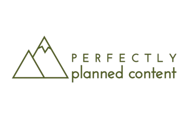 Logo featuring two simple, overlapping mountain outlines on the left, with the words "PERFECTLY planned content" in green uppercase and lowercase letters to the right.