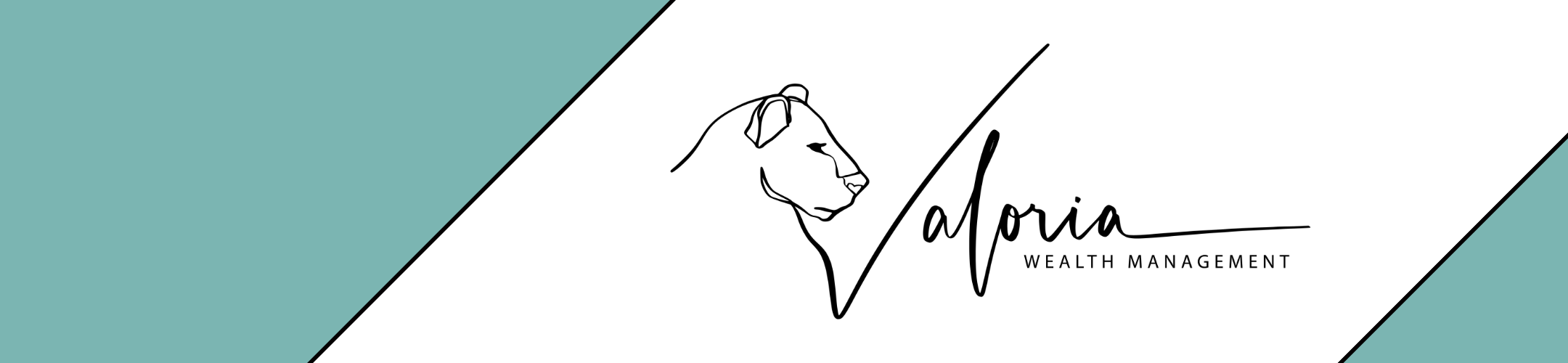 Minimalist logo for Valoria Wealth Management, featuring a continuous line drawing of a lion’s head and the company name in elegant script on a white and teal background.