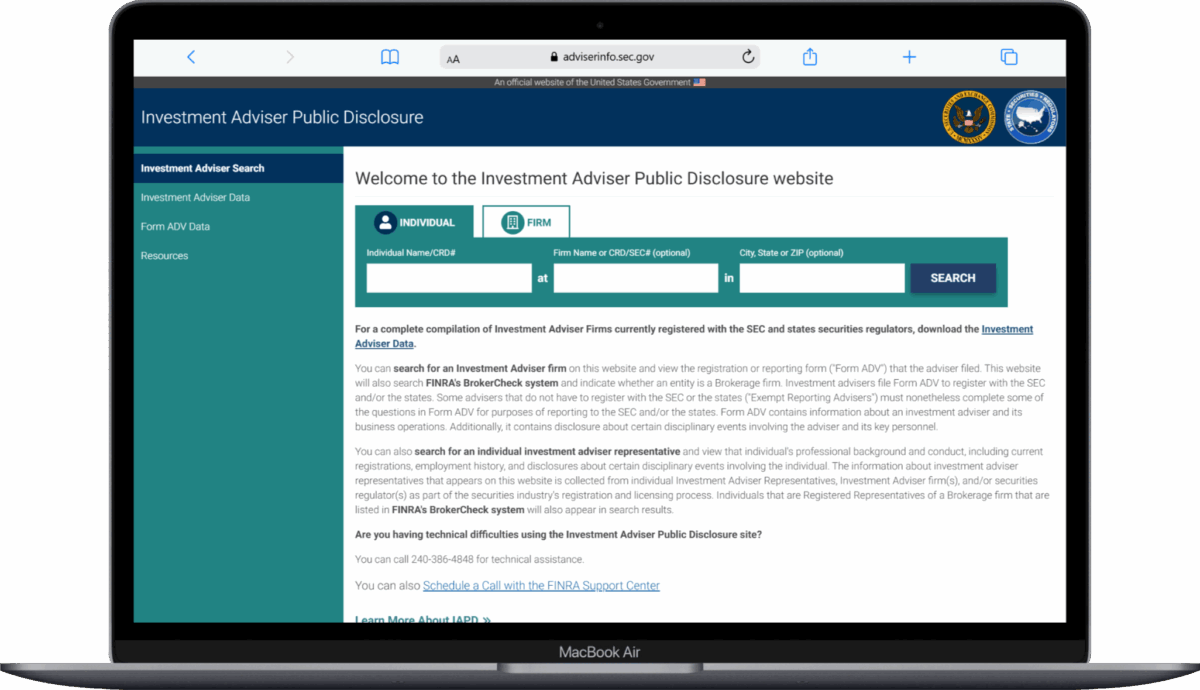 A MacBook Air displays the Investment Adviser Public Disclosure website, featuring a search bar for individual or firm advisers, navigation links on the left, and informational text about adviser searches in the main area.