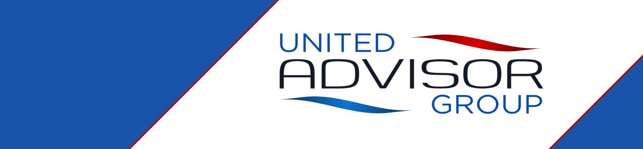 Logo for United Advisor Group. The text is styled with “United” and “Group” in blue, “Advisor” in black, with a red curved line above and a blue curved line below “Advisor” on a white and blue angled background.