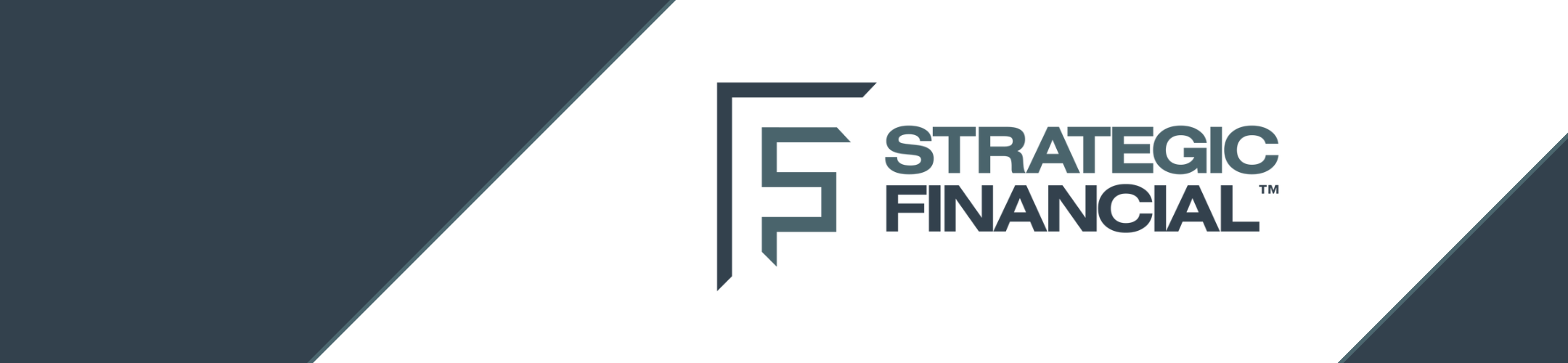 Logo for Strategic Financial, featuring a stylized “SF” monogram and the company name in bold, capital letters on a white and dark blue geometric background.