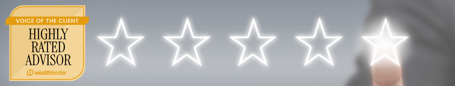 A hand selects the fifth star in a five-star rating. To the left, a gold label reads "Voice of the Client: Highly Rated Advisor" with the Wealthtender logo underneath.