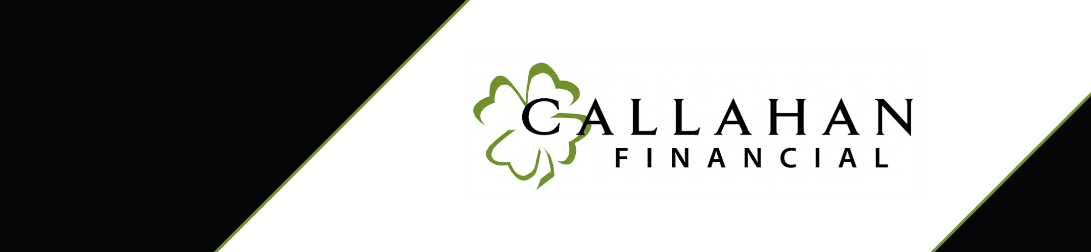 Logo for Gallahan Financial with a green shamrock graphic beside the company name, set against a black and white diagonal background.